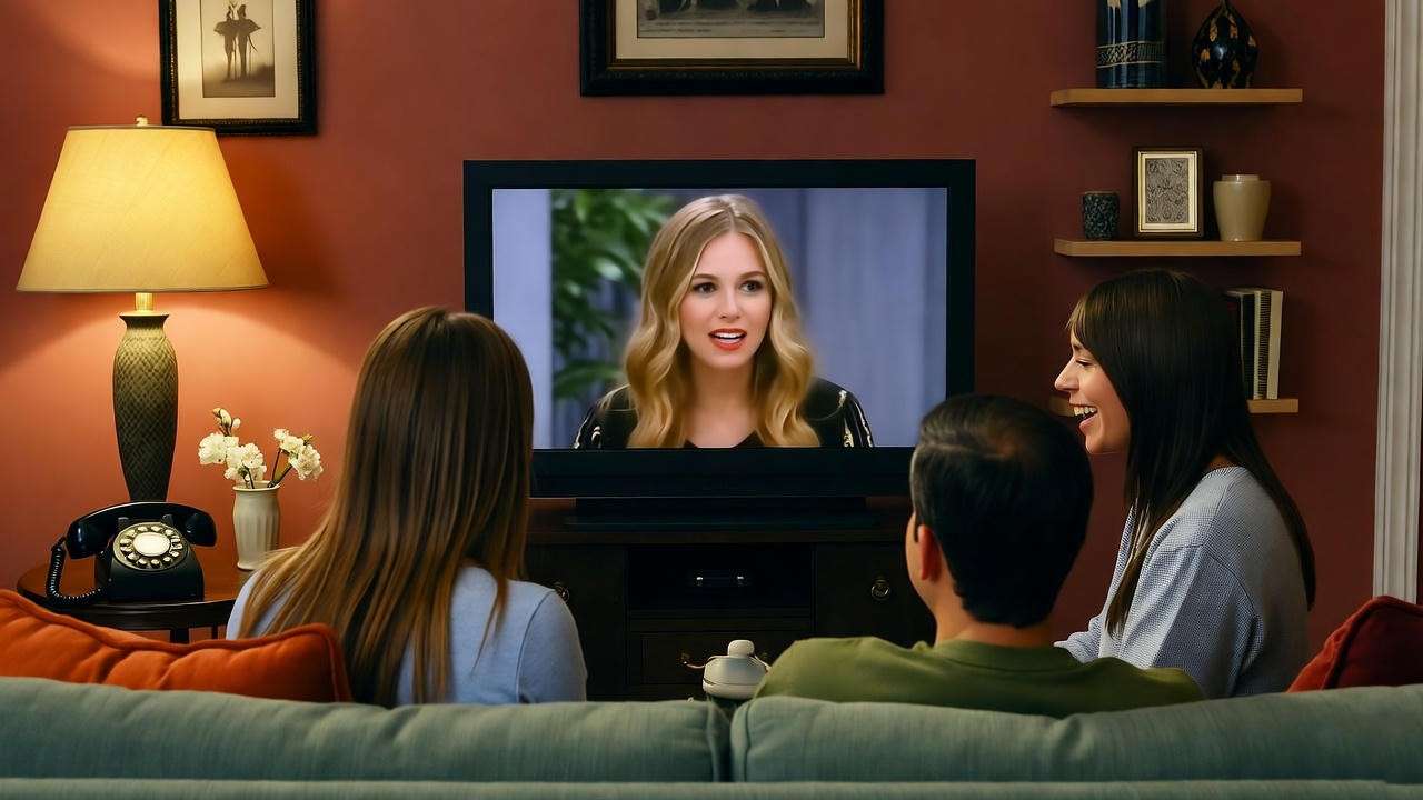 Friends watch party with TV playing Rachel Kaufman scene and 90s decor.