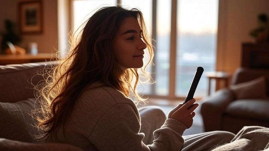 Woman styling long wavy Rachel from Friends hair with curling wand in cozy living room