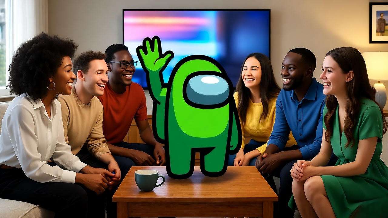 Green Among Us crewmate uniting Millennials and Gen Z fans in a cozy living room.