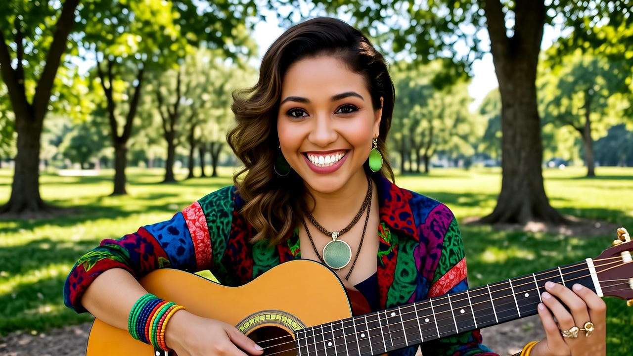 Quirky Phoebe Buffay playing guitar with a smile in a sunny park.