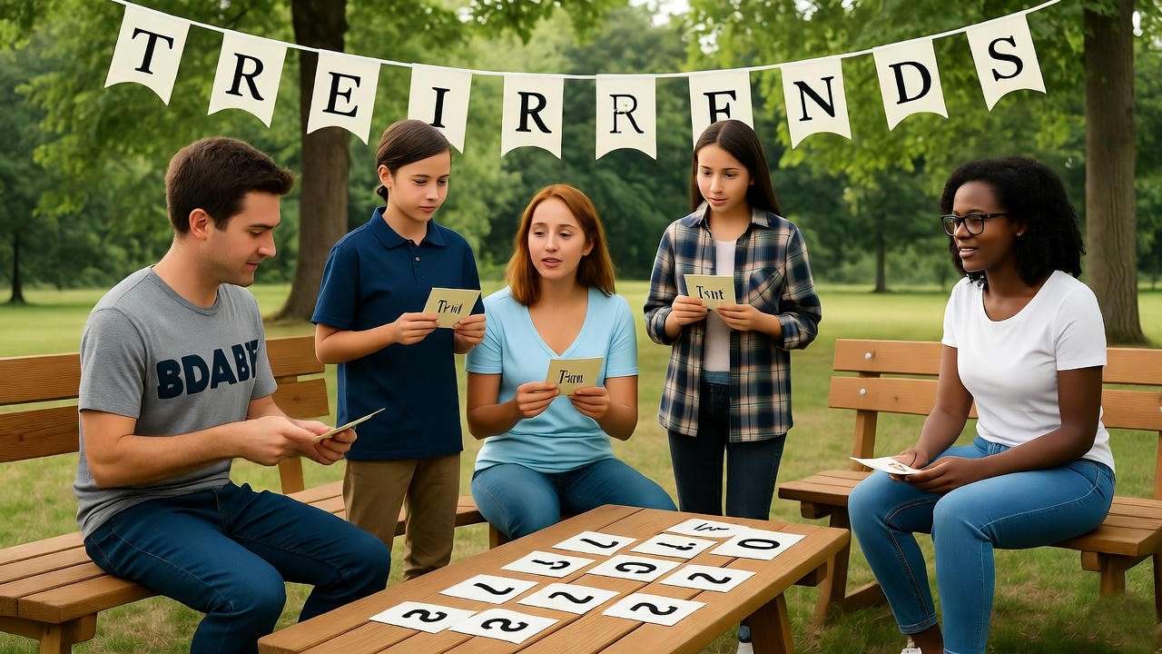 Community enjoying a Friends-themed trivia game with eco-friendly outdoor decor.