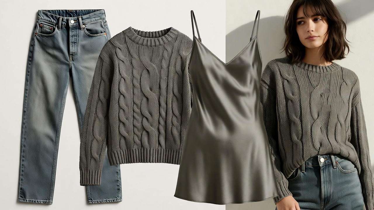 Collage of 90s fashion with high-waisted jeans, slip dress, and chunky sweater paired with a layered haircut.