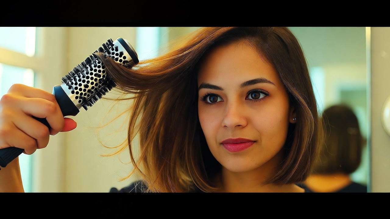 Woman styling voluminous Rachel haircut long with blow dryer and round brush