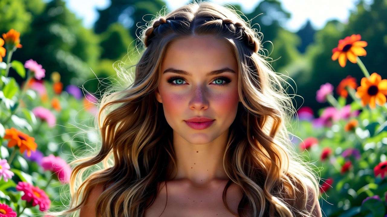 Woman with Phoebe-inspired boho layers and side braid in a colorful 90s outdoor setting