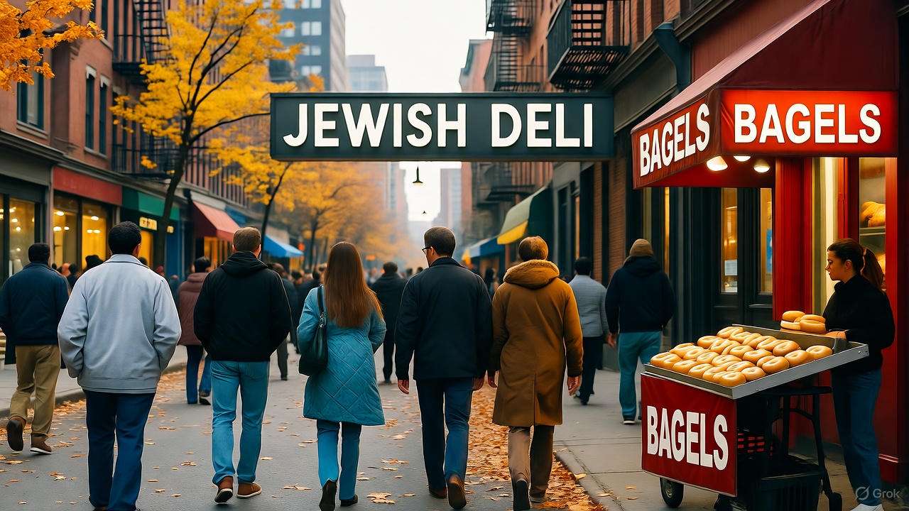 1990s New York street with Jewish deli sign and bagel vendor, autumn leaves and city lights.