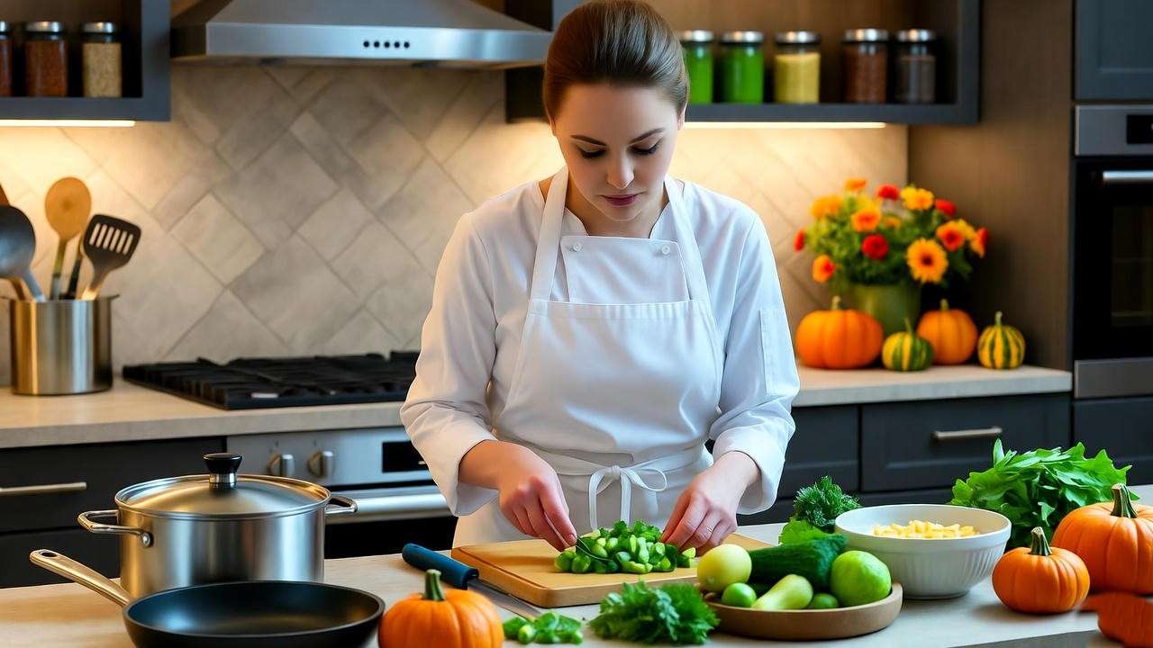 Monica Geller in a chef’s apron organizing a Thanksgiving kitchen setup.
