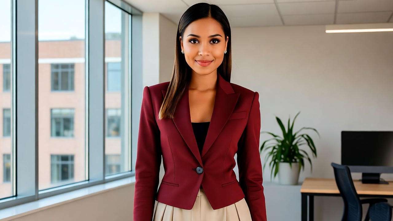 Woman in Rachel Green-inspired blazer and trousers, 90s Ralph Lauren work fashion.