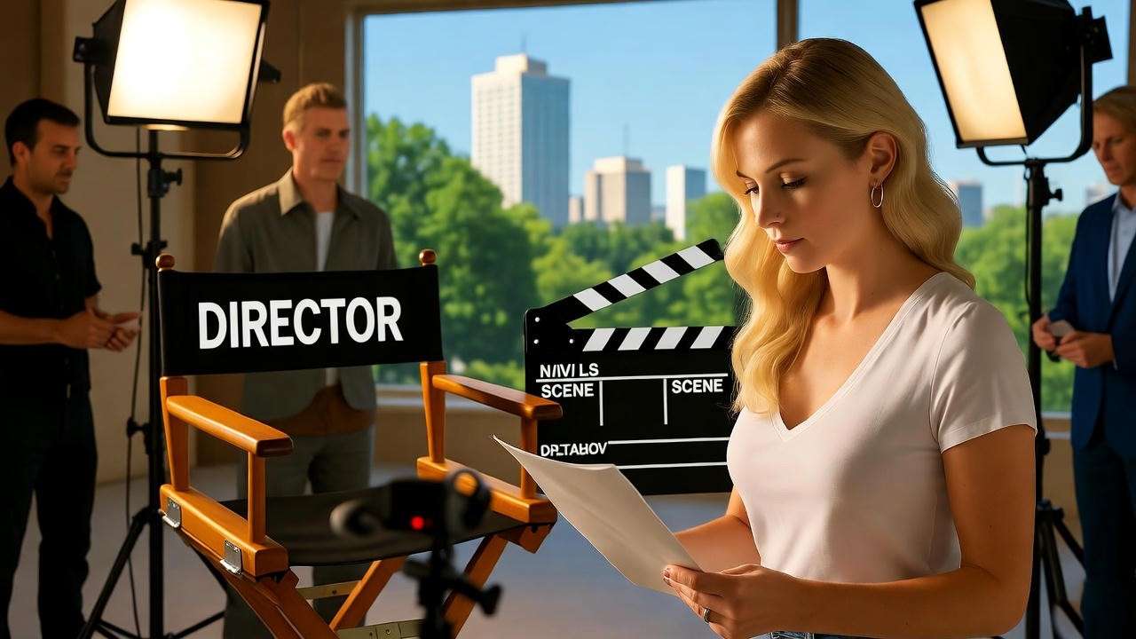 Behind-the-scenes film set with Amy Green rehearsing