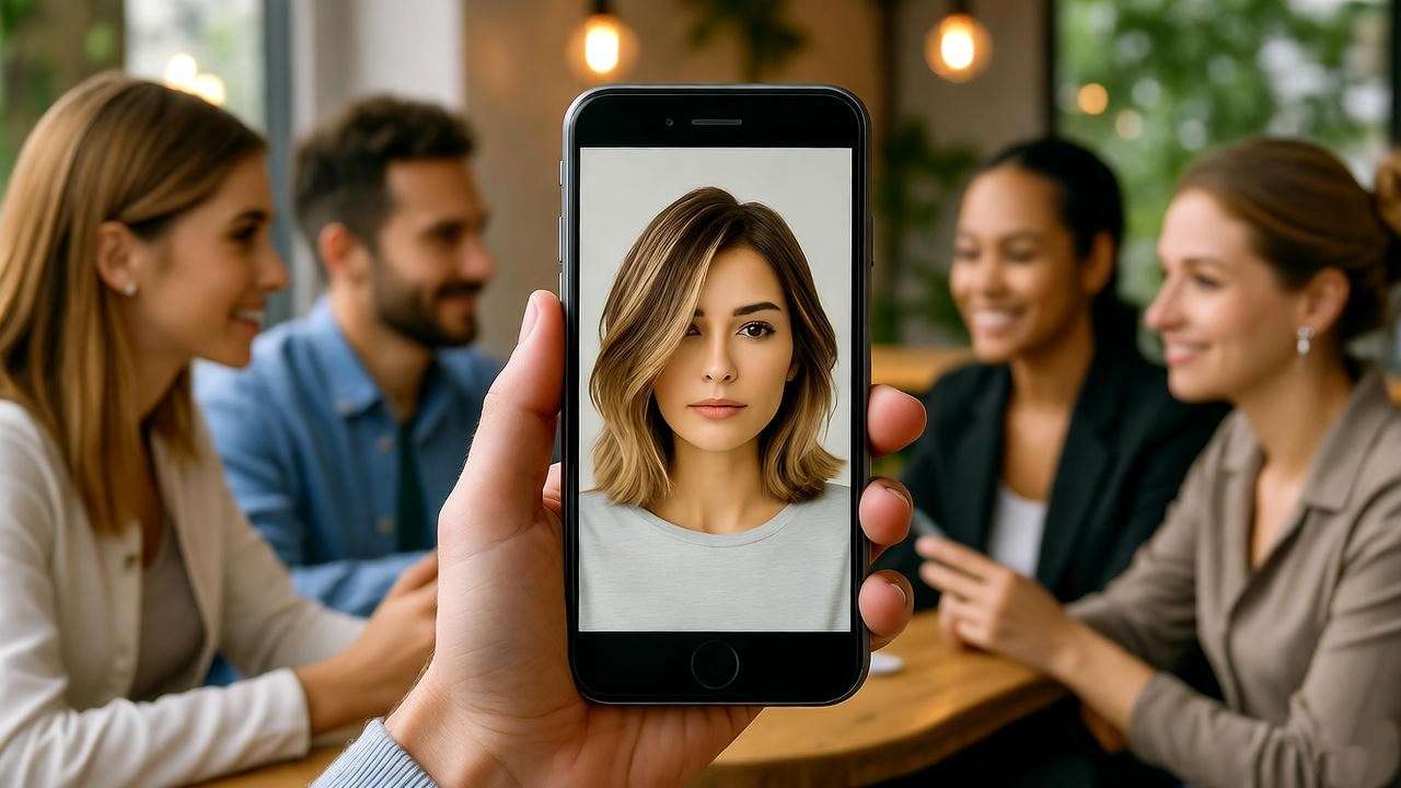 Social media scene with phone displaying a photo of a layered haircut in a cozy cafe setting.