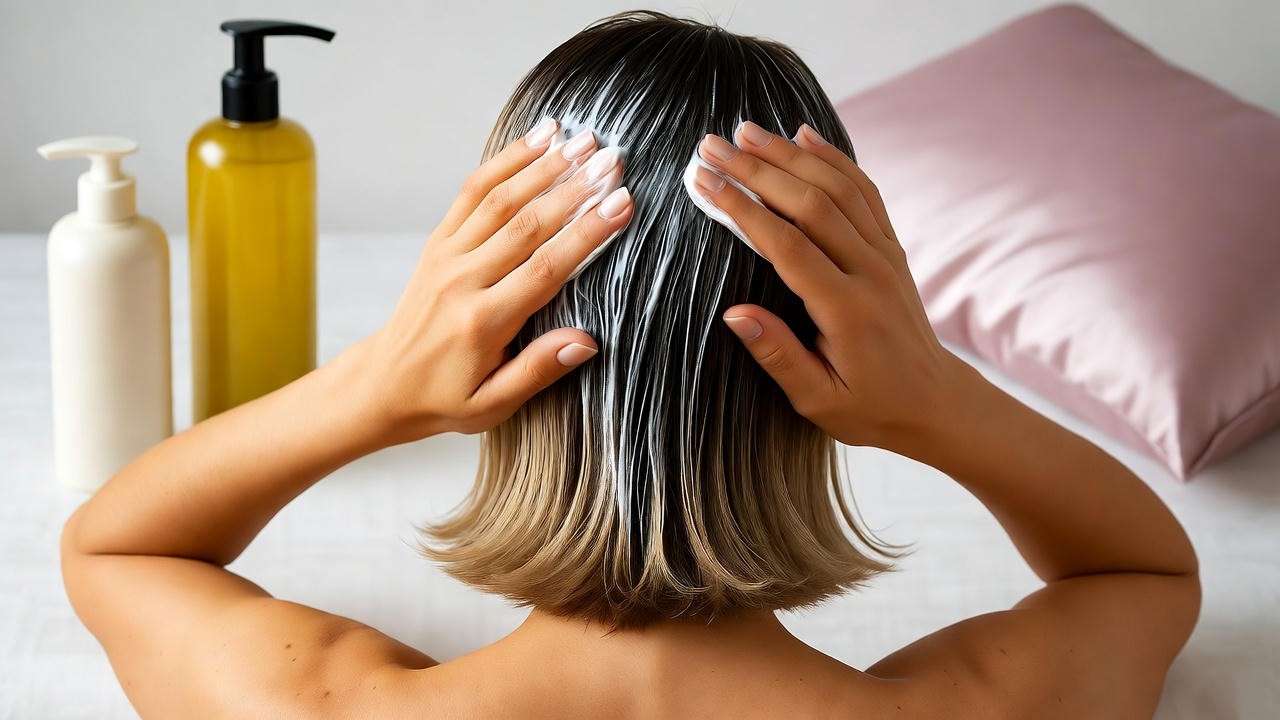 Woman applying deep conditioning mask to maintain Rachel haircut long at home