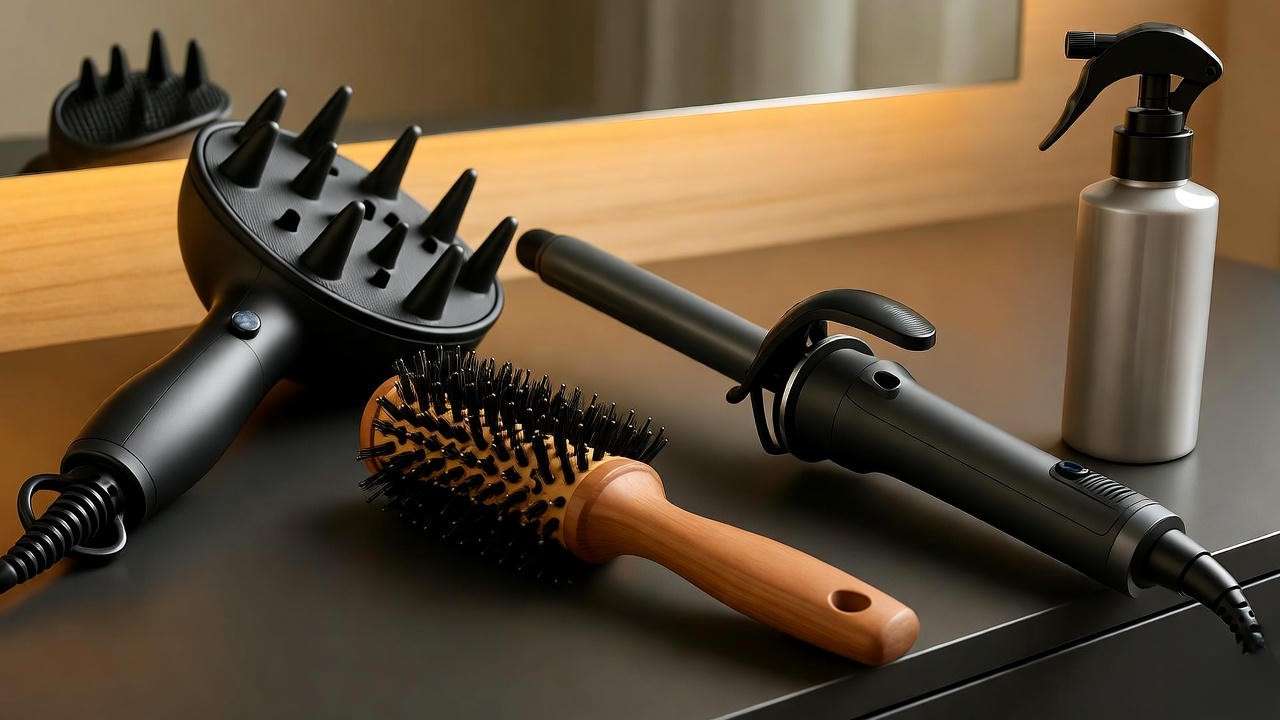 Collection of hair styling tools like blow dryer and curling wand on a 90s-style vanity table
