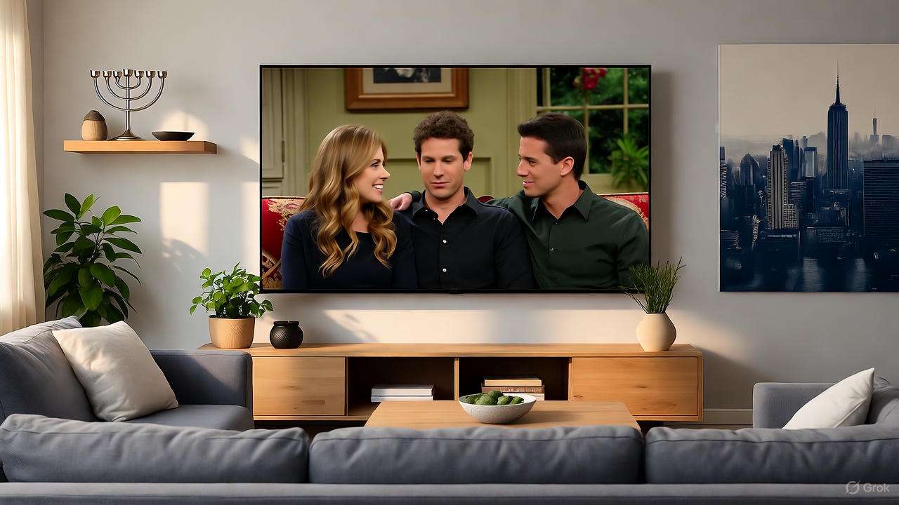 Modern living room with Friends episode on TV, menorah, and New York City skyline poster.