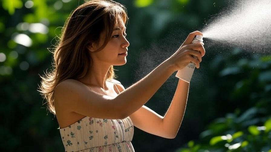 Woman using anti-humidity spray on Rachel from Friends hair in humid outdoor setting