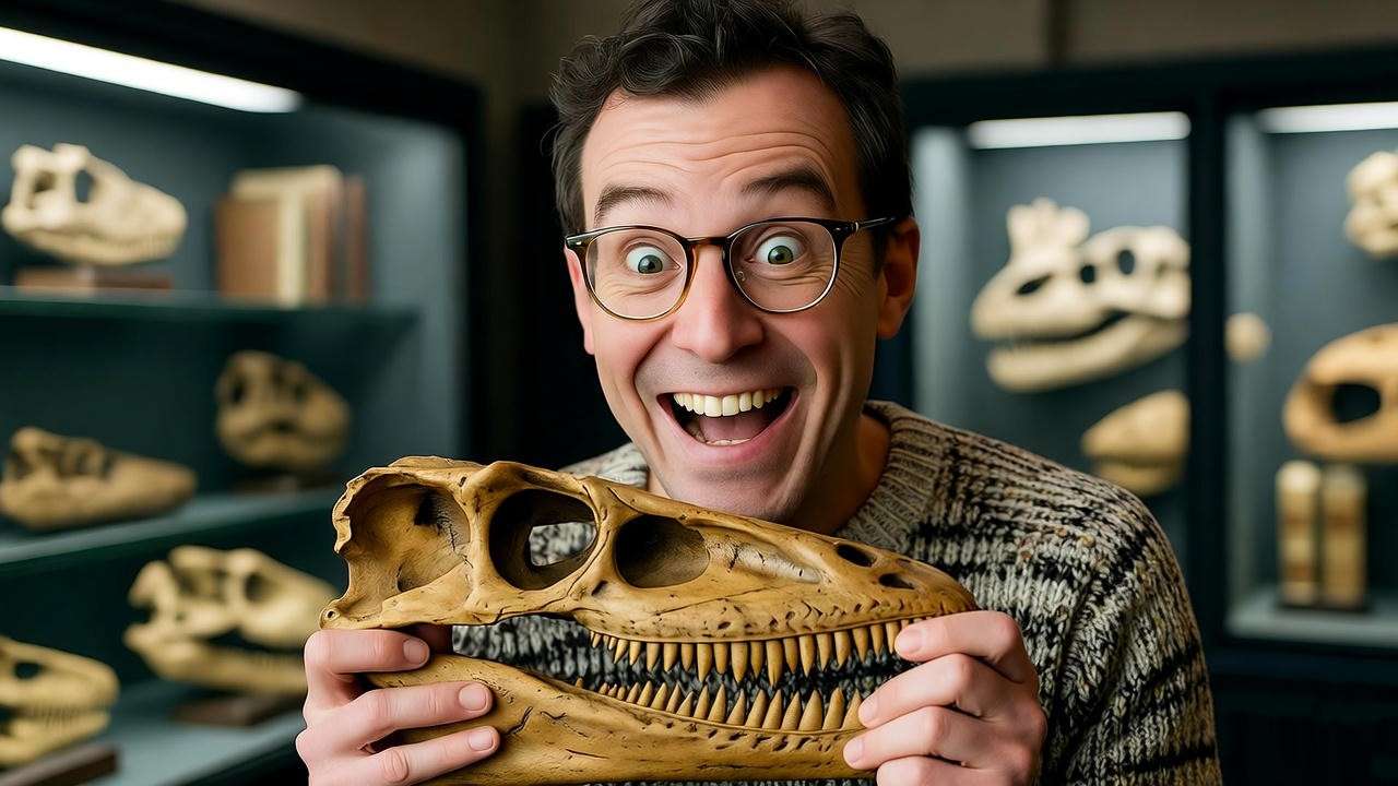 Ross Geller holding a dinosaur bone in a museum with fossils and books.
