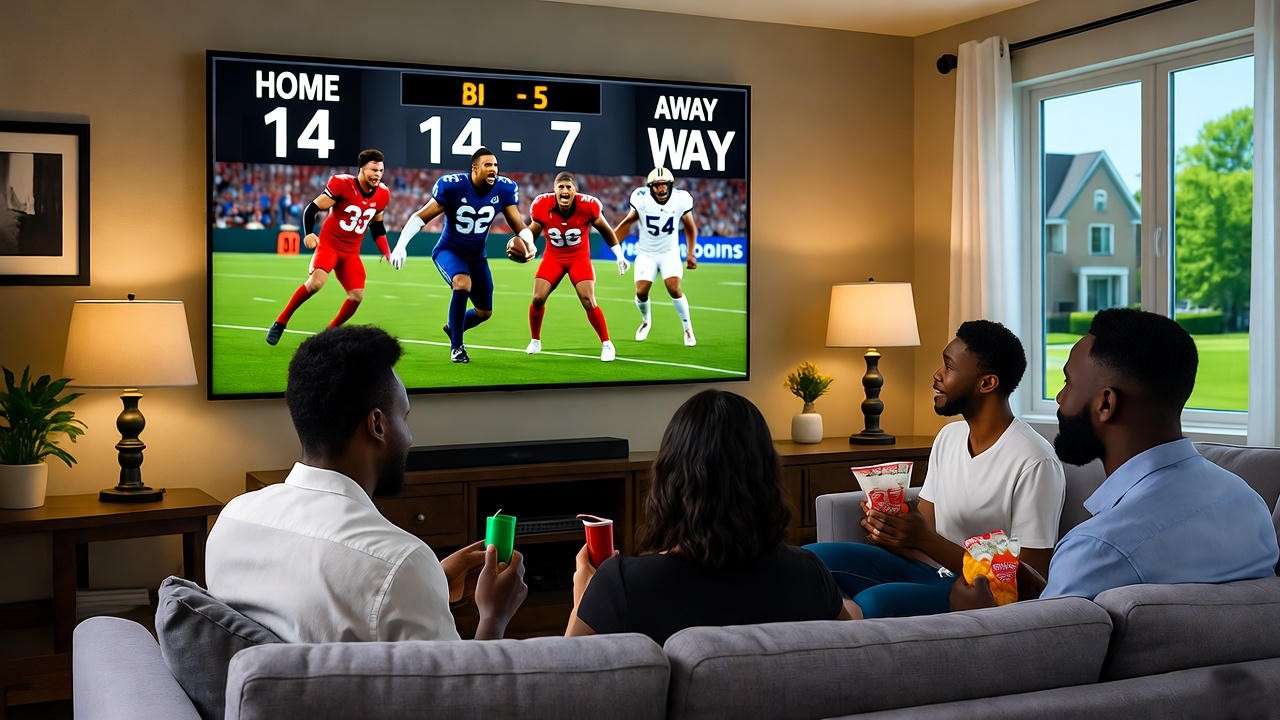 Fans watching Friends with Amy Green on TV in cozy living room