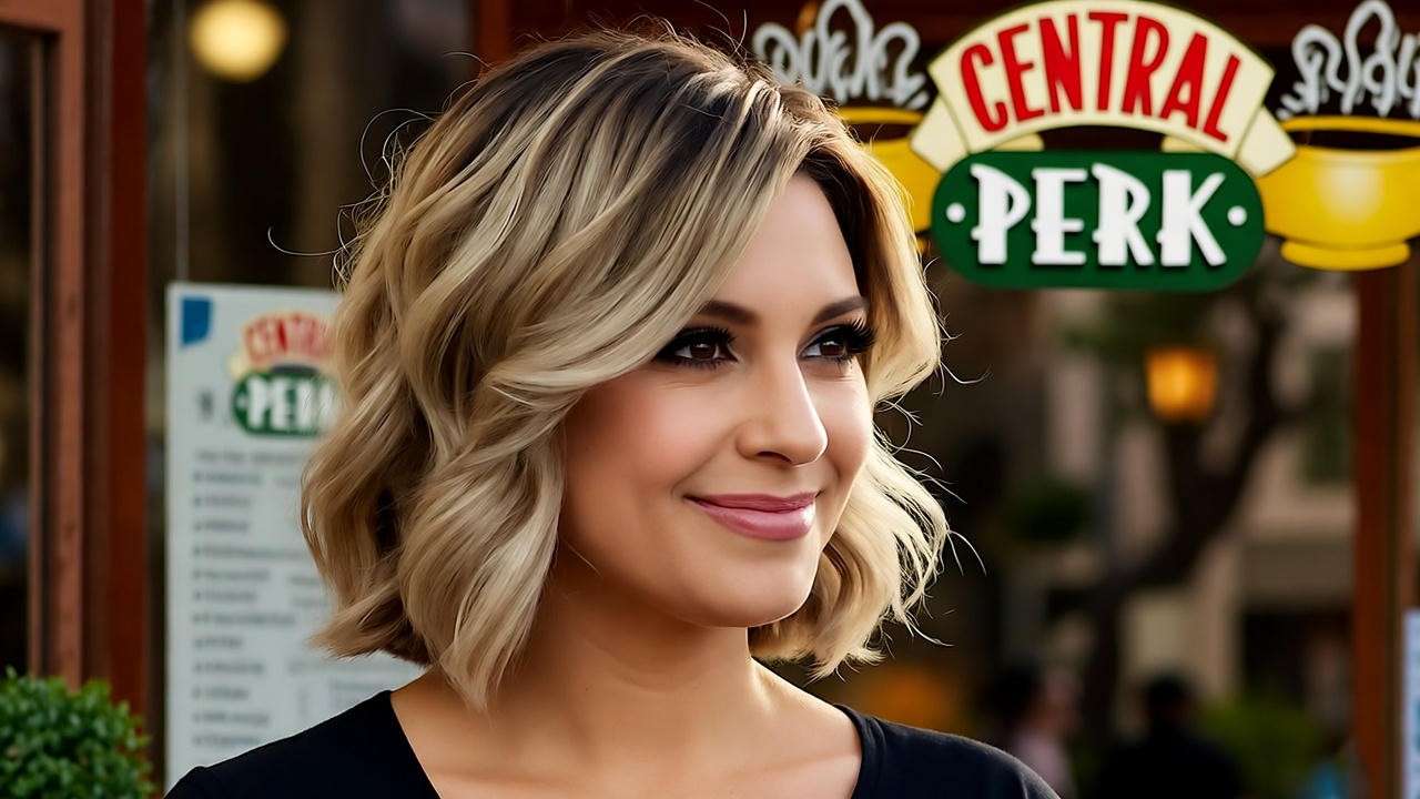 Woman with Rachel haircut long outside a Central Perk-inspired coffee shop