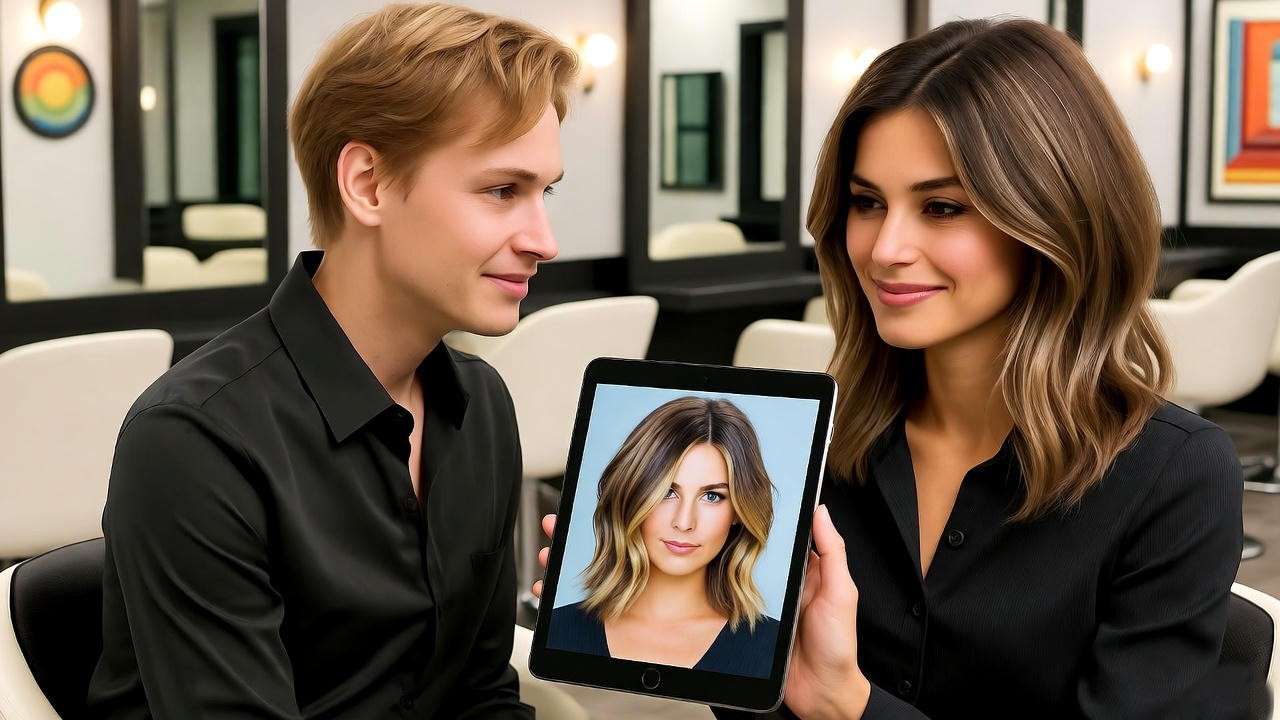 Stylist and client discussing Friends-inspired hairstyle in a 90s-style salon