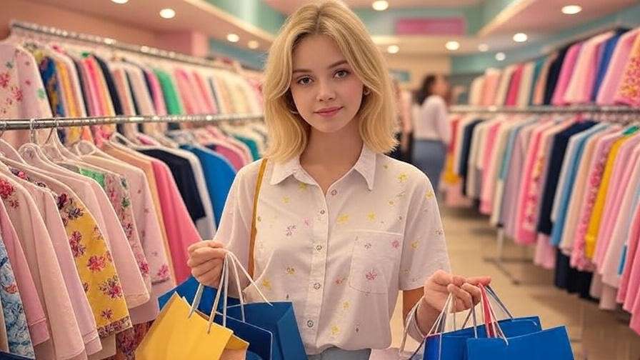 Jill Green from Friends shopping in a 90s department store, showcasing her iconic style.