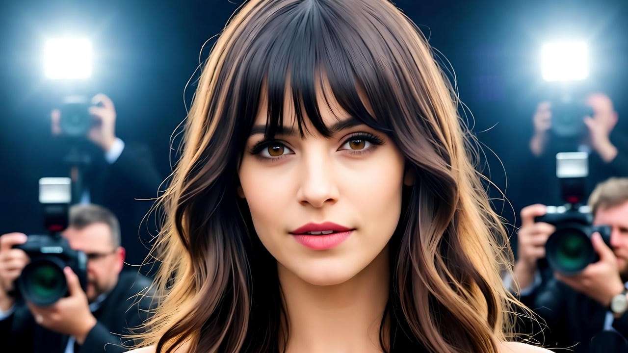Woman with modern Rachel-inspired haircut on a 2025 red carpet with 90s nostalgic flair