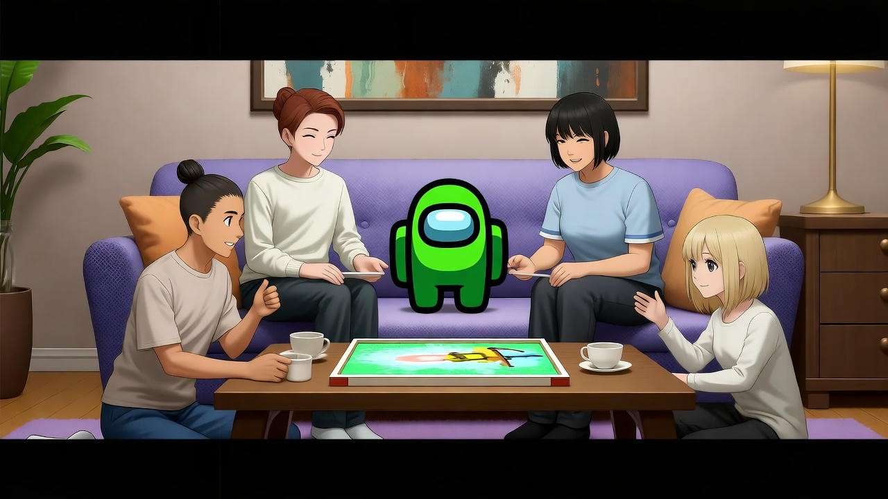 Friends playing an Among Us game night with green skins and Friends-themed decor.