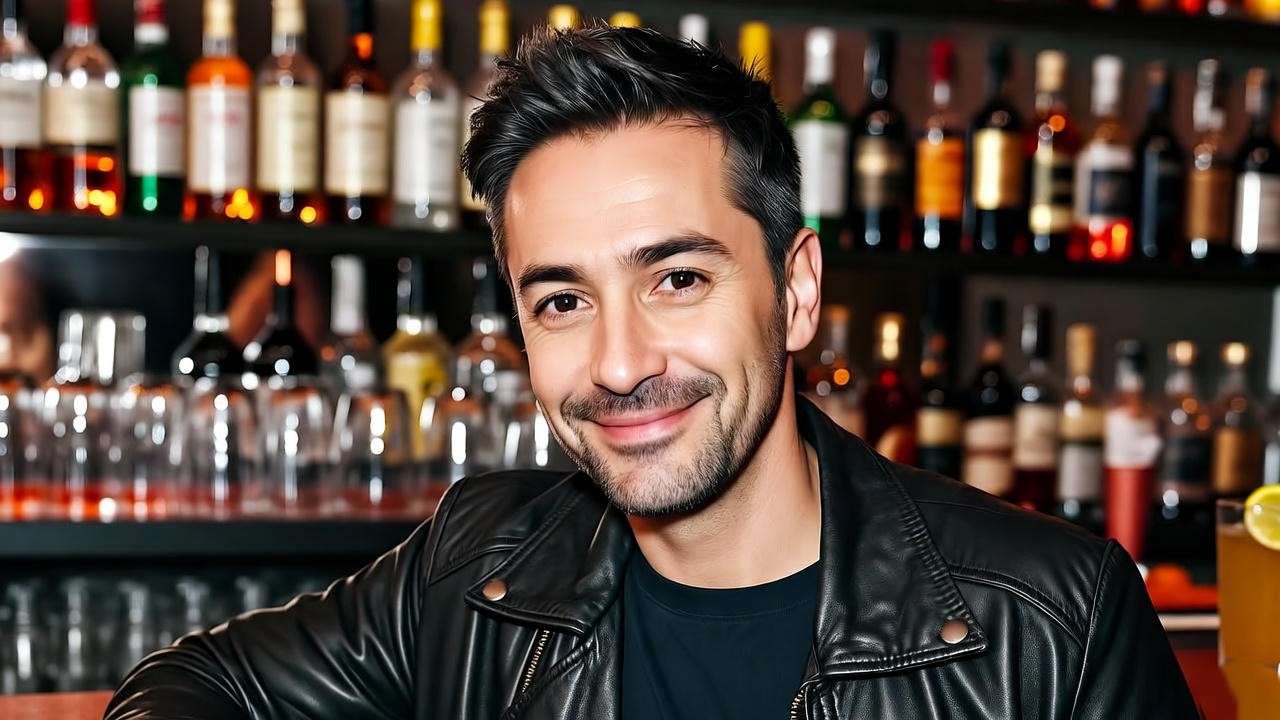Joey Tribbiani in a leather jacket with a playful smile at a lively bar.