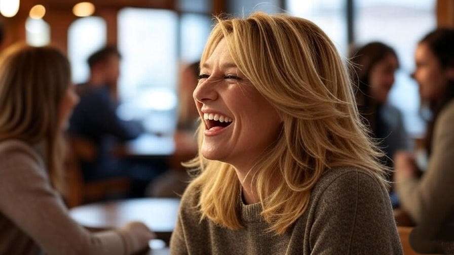 Rachel Green laughing with friends in Central Perk coffee shop scene