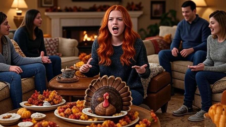 Amy Green from Friends causing Thanksgiving chaos in a cozy living room.