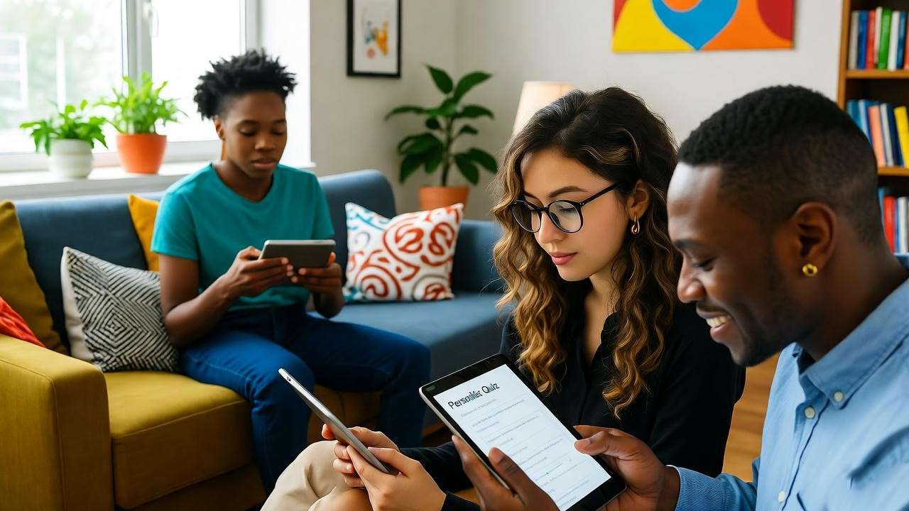 Diverse group taking a Friends personality quiz in a modern living room.