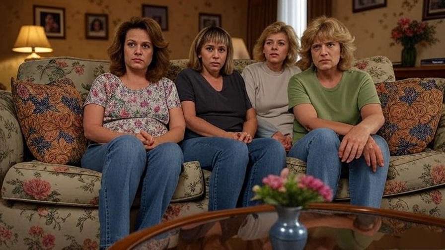 Rachel, Jill, and Amy Green from Friends in a tense yet humorous family moment.