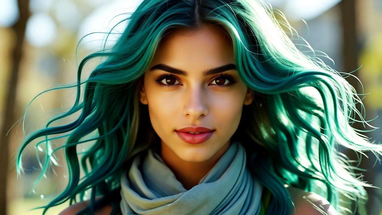 Model with tousled emerald green waves hairstyle inspired by Phoebe from Friends, captured in a natural outdoor setting.