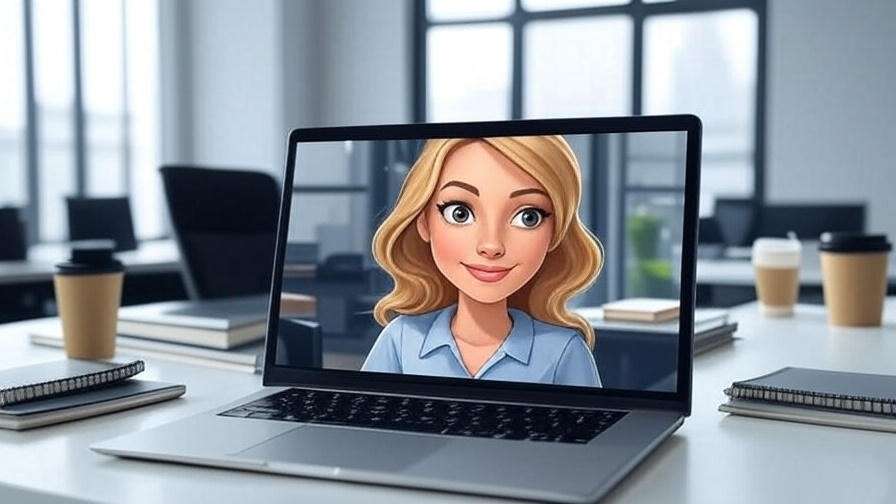 Laptop displaying Rachel Green GIF in a modern office workspace
