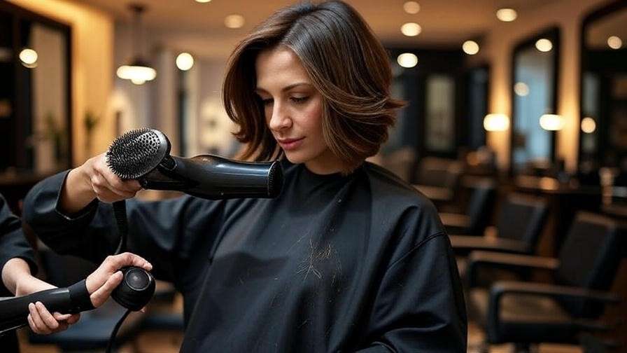 Hairstylist cutting layered Rachel from Friends hair with round brush and blow dryer in a salon