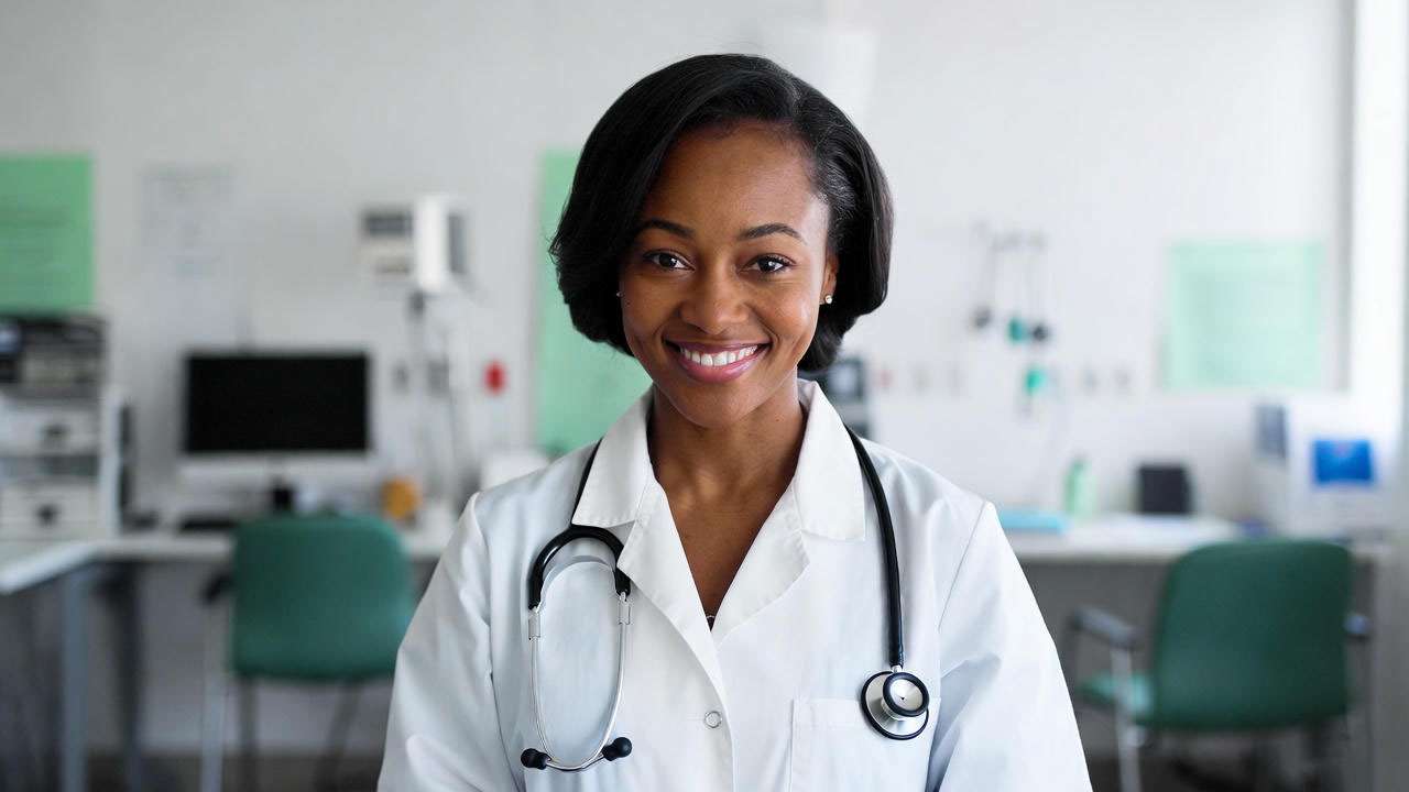Dr. Rachael Ross, compassionate African American physician in a modern clinic, representing her professional identity.