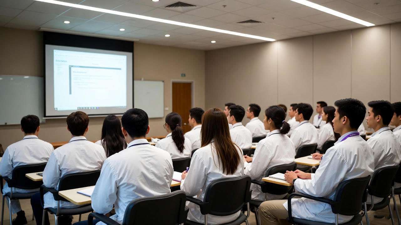 Medical students in white coats attending a lecture, representing Dr. Rachael Ross’s medical education.