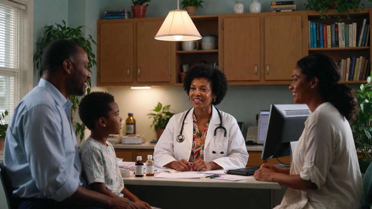 Family physician caring for a patient family in a community clinic, representing Dr. Rachael Ross’s service in Gary, Indiana.