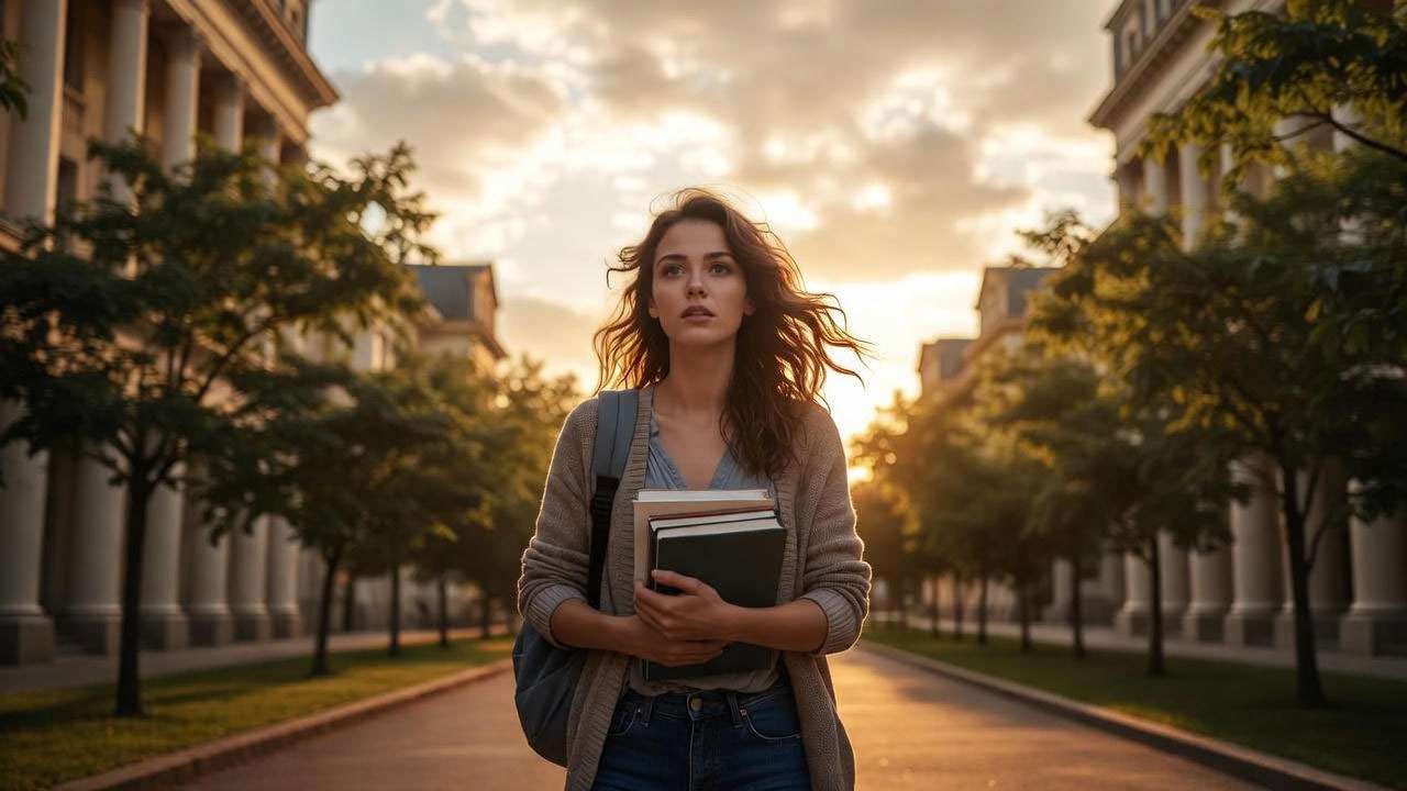 Young woman walking on campus at sunrise, symbolizing hope and educational inspiration.