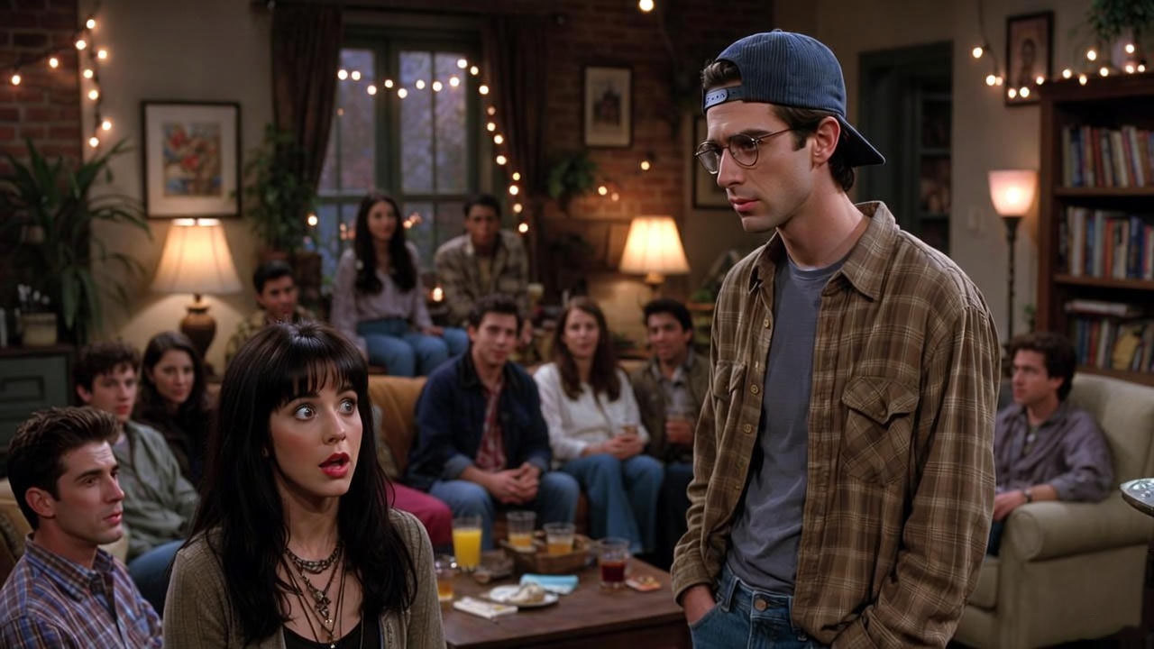 A tall sitcom-inspired character interacting with shorter friends, highlighting how height influences storytelling in Friends.