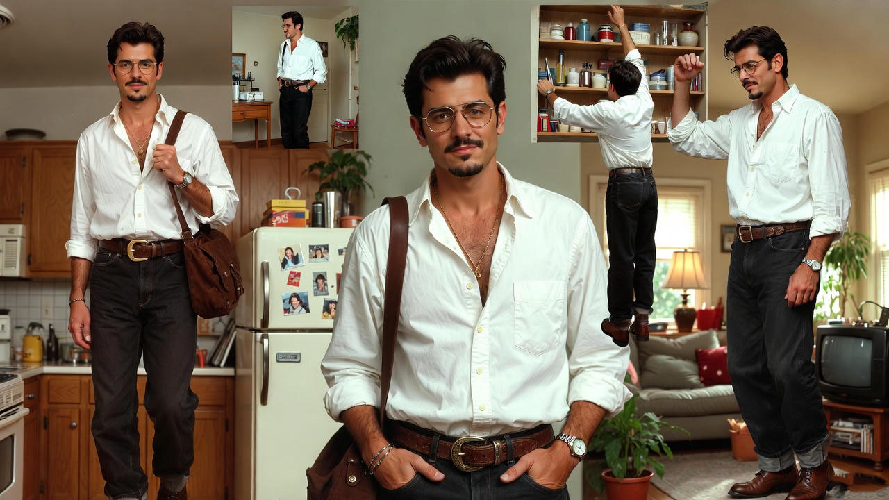 Playful collage of a tall 90s-style character in humorous poses, highlighting fun trivia about Ross Geller’s height.