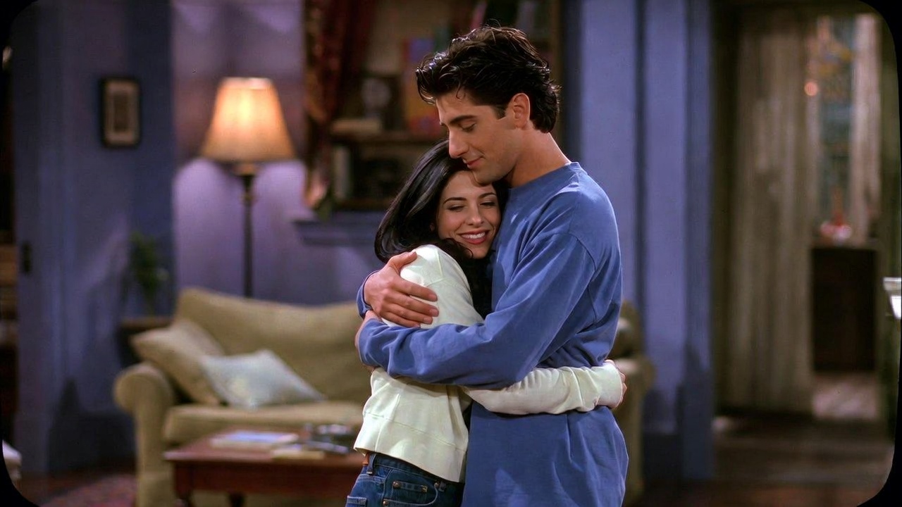 Monica and Chandler hugging affectionately in their apartment, showing their strong friendship foundation in Friends
