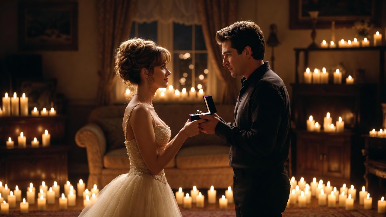 Monica kneeling to propose to Chandler in the candlelit apartment from Friends "The One with the Proposal" episode