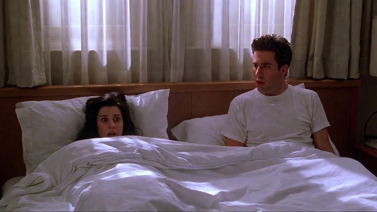 Monica and Chandler morning-after surprise in London hotel room from Friends Season 4 finale