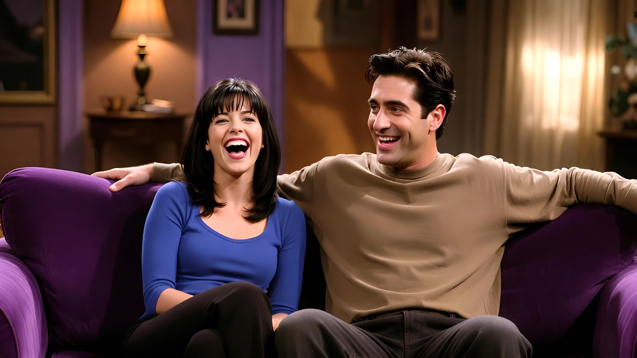 Monica and Chandler sharing a laugh on the couch, capturing their playful humor and everyday intimacy in Friends
