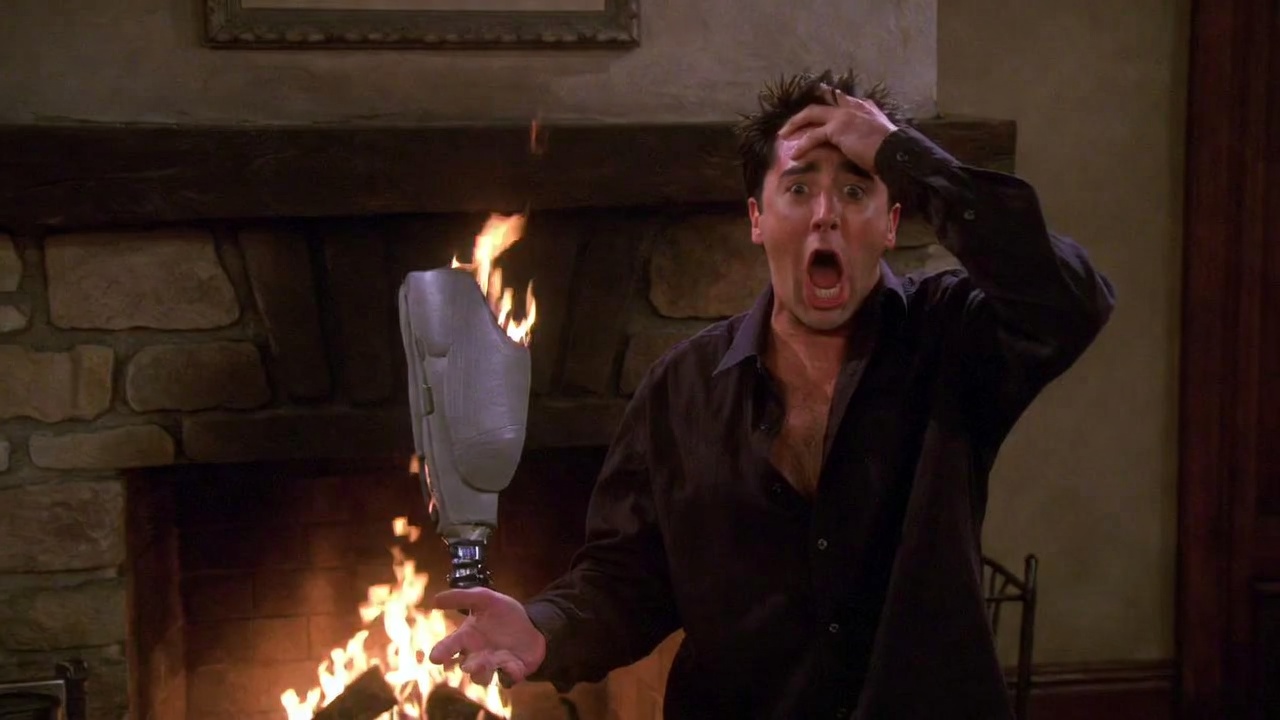 Joey Tribbiani's most awkward date fail with prosthetic leg in fireplace from Friends, hilariously cringeworthy nostalgic moment