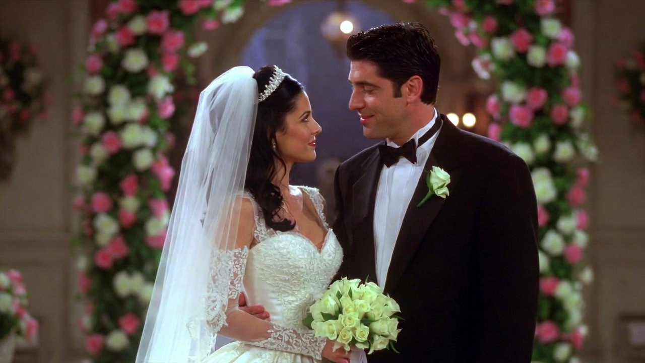 Monica and Chandler sharing a loving moment at their wedding, representing growth and commitment in Friends

