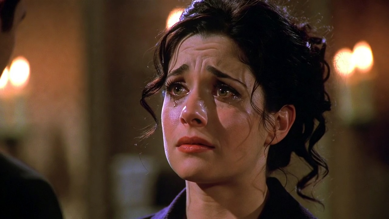 Courteney Cox as Monica showing raw emotion and tears during the proposal in Friends Season 6 finale