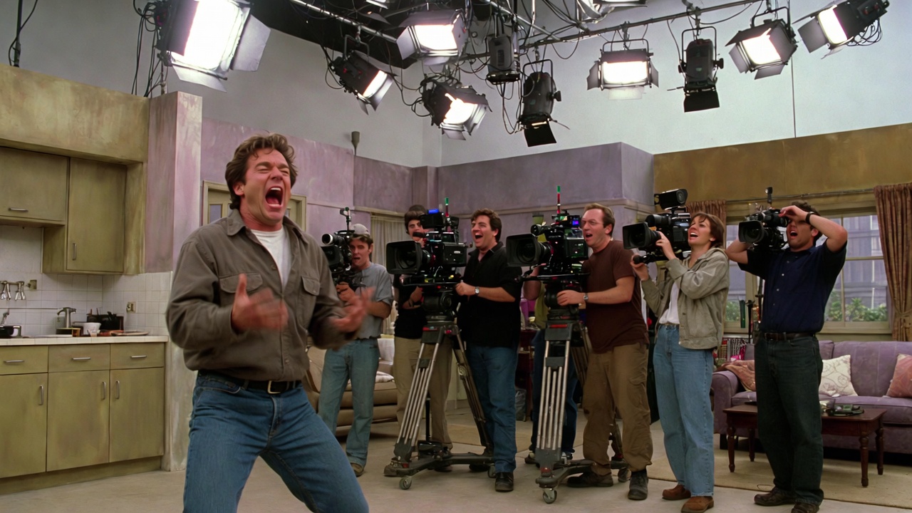 David Schwimmer rehearsing a dramatic Ross Geller rant on a 1990s sitcom set