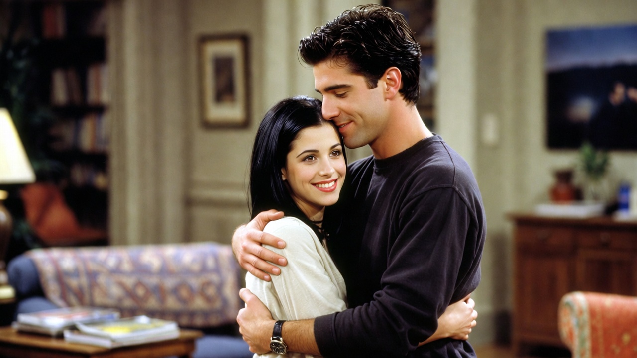 Monica and Chandler happy couple embrace in Friends nostalgia scene
