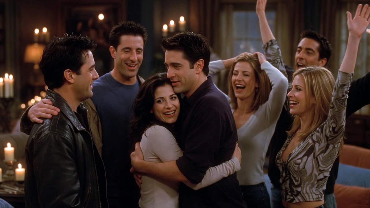 Friends cast celebrating Monica and Chandler's engagement after the proposal in the apartment