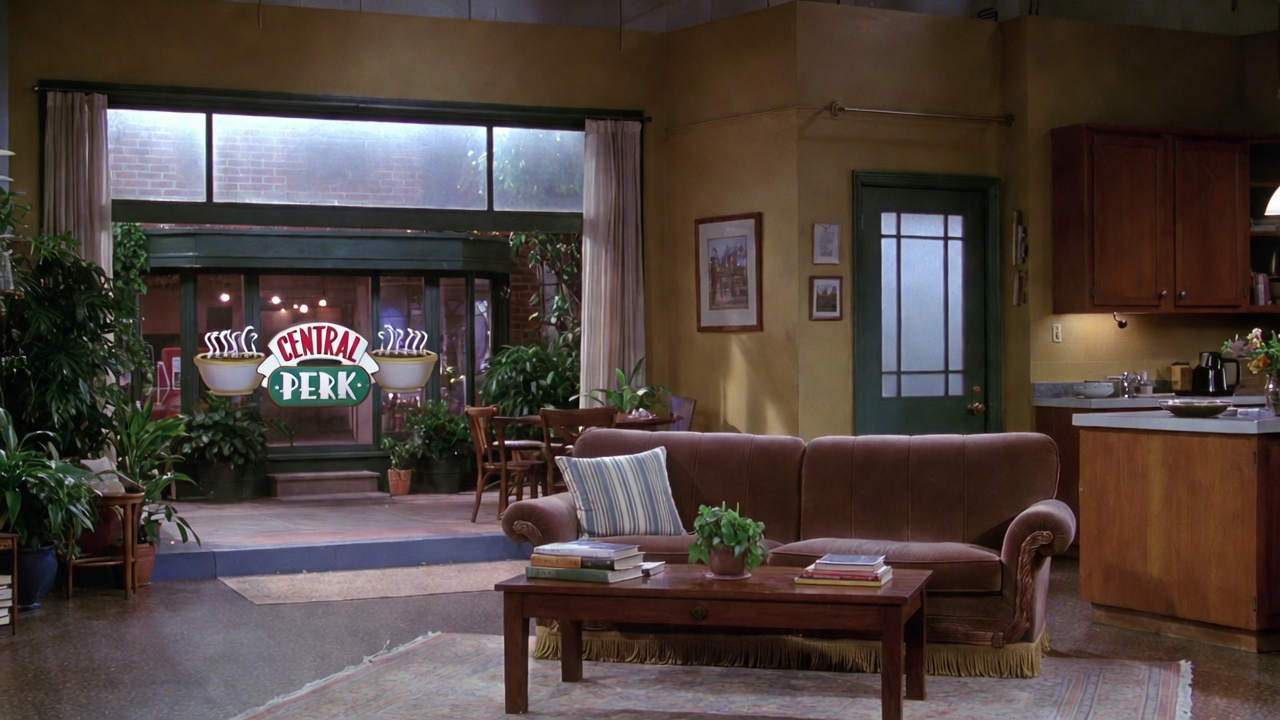Iconic Friends apartment set, symbolizing the lasting nostalgia and debate around controversial arcs like Joey and Rachel