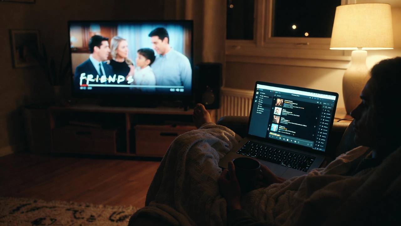 Cozy night in watching Friends and listening to country heartbreak songs for emotional escape 